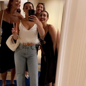 White Feather & Pearl Crop Cami Top